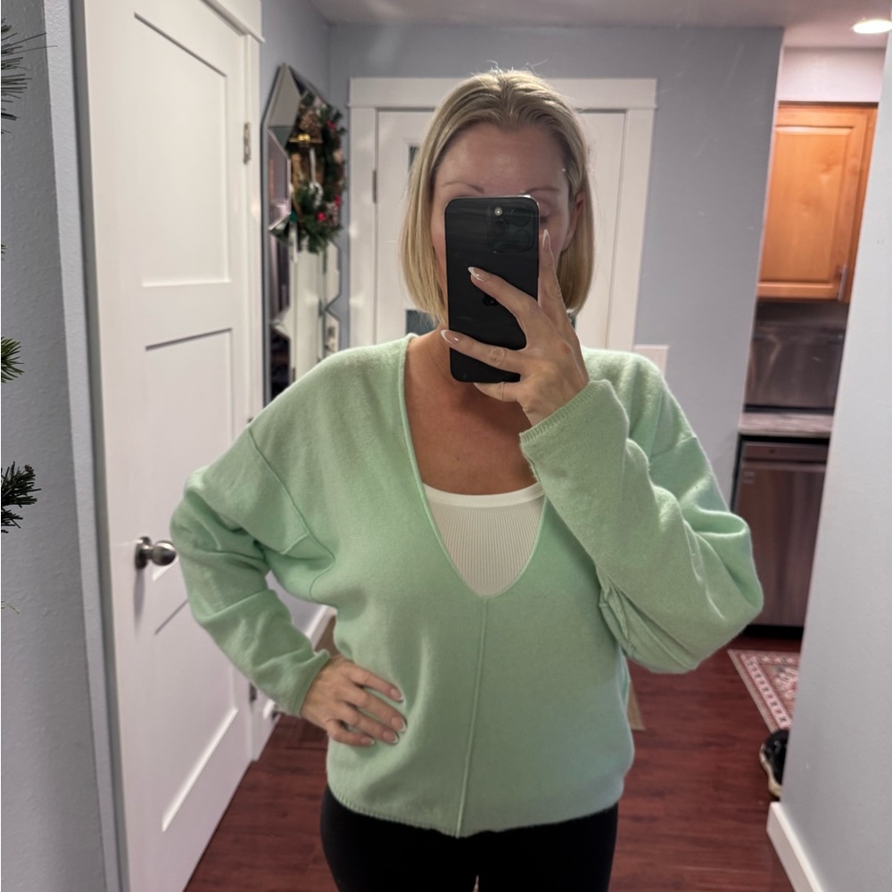 Free People Light Green V-Neck Sweater